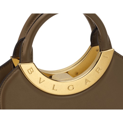 Bvlgari Roma small top handle bag in black Metropolitan calf leather with black nappa leather lining. Iconic metal detail in antique gold-plated brass engraved with the Bvlgari logo, and press button closure. BVR-001-1270S image 5