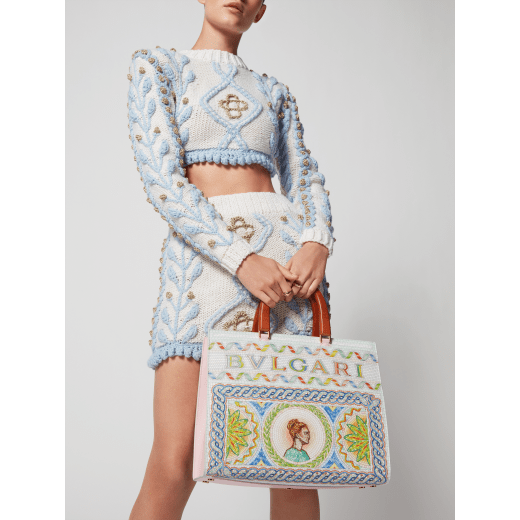 Casablanca x Bulgari large tote bag in soft grain printed calf leather featuring a Roman mosaic pattern, with dusty pink calf leather sides and dusty pink grosgrain lining. Iconic multicolour Bulgari decorative logo, gold-plated brass hardware and magnetic closure. 292416 image 7