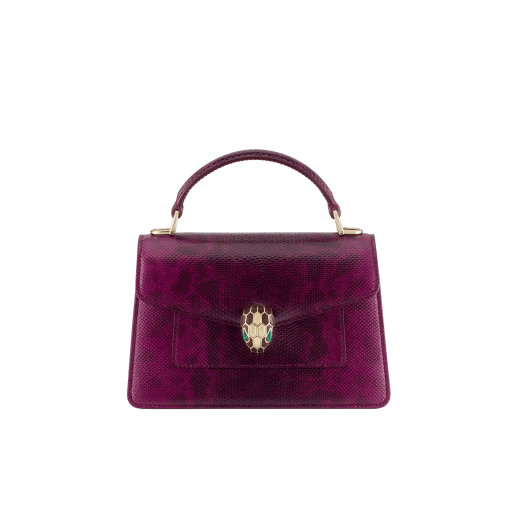 Serpenti Forever mini top handle bag in light amethyst pure karung with light amethyst nappa leather lining. Captivating snakehead magnetic closure in gold-plated brass embellished with light amethyst enamel and gold-plated brass scales, and black onyx eyes. SEA-001-1283XS-kar image 1