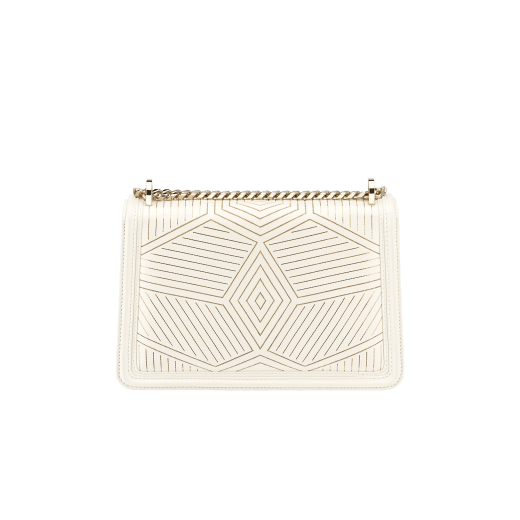 “Serpenti Diamond Blast” shoulder bag in white agate calf leather, featuring a Whispy Chain motif in light gold finishing. Iconic snakehead closure in light gold plated brass enriched with black and white agate enamel and black onyx eyes. 922-WC image 3