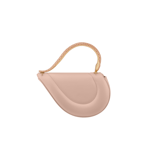 Serpenti Cuore 1968 top handle bag in star rose pink calf leather with crystal rose nappa leather lining. Captivating snake body-shaped top handle in gold-plated brass embellished with star rose pink enamel scales and zirconia eyes; press-button closure. SRN-001-1326S image 3