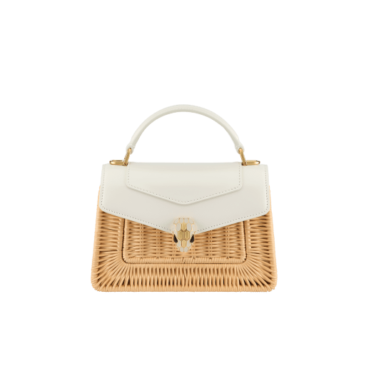 Serpenti Forever mini top handle bag in natural woven wicker with Perla White calf leather details and Perla White nappa leather lining. Captivating snakehead magnetic closure in gold-plated brass embellished with Perla White enamel and gold-plated brass scales, and black onyx eyes. 294676 image 1