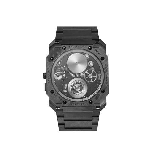 Octo Finissimo Tourbillon Automatic watch with mechanical manufacture movement, ultra-thin flying tourbillon, special ball bearing system, ultra-thin case and bracelet in carbon and skeletonized dial 103072 image 3