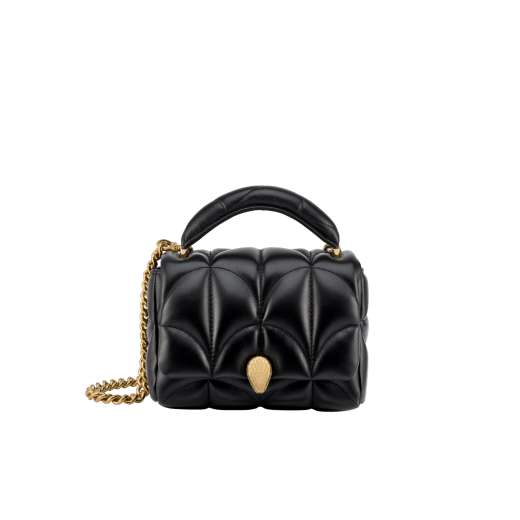 Serpenti Sugarloaf small shoulder bag in black calf leather with a maxi Calla Matelassé motif and black nappa leather lining. Captivating snakehead magnetic closure in gold-plated brass. SSL-001-1316XS image 1