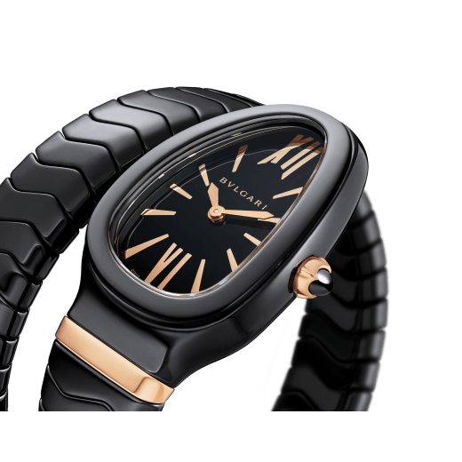 Serpenti Spiga single spiral watch with black ceramic case, black lacquered dial and black ceramic bracelet set with 18 kt rose gold elements. 102734 image 2