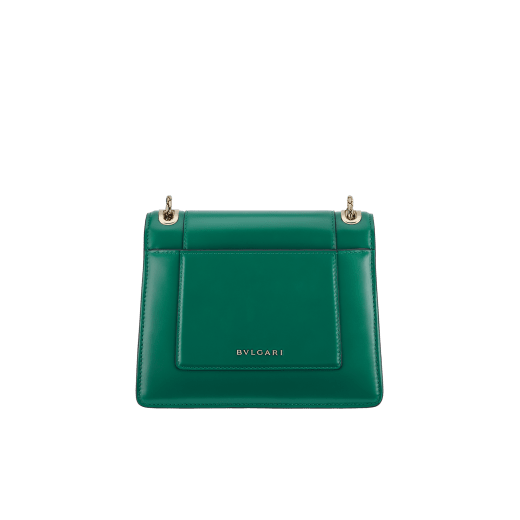 Serpenti Forever Day-to-Night small shoulder bag in emerald green calf leather with black nappa leather lining. Captivating snakehead magnetic closure in light gold-plated brass embellished with deep jade intense green enamel and light gold-plated brass scales, and black onyx eyes. SEA-1281-CL image 3