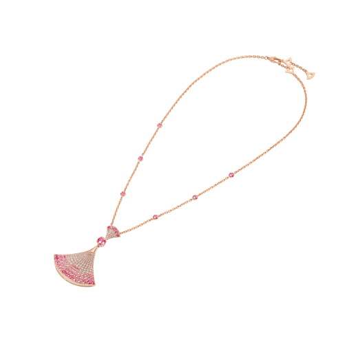DIVAS' DREAM 18 kt rose gold pendant necklace set with one central and other round pink sapphires (3.53 ct), round rubies (0.81 ct) as well as round (0.16 ct) and pavé (0.85 ct) diamonds. 358114 image 2