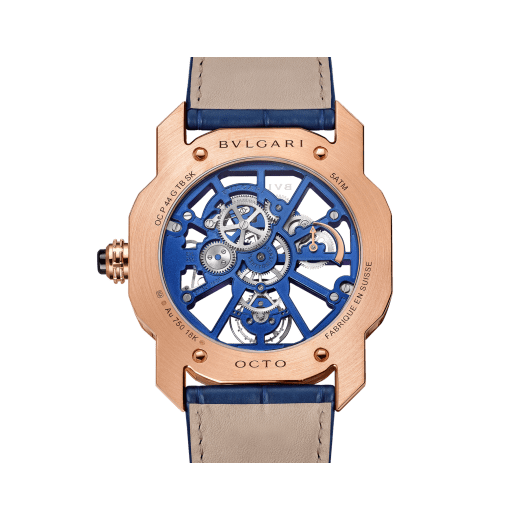 Часы Octo Tourbillon Sapphire, мануфактурный скелетонированный механизм с ручным заводом, парящий турбийон, корпус из розового золота 18 карат, диаметр 44 мм, средняя часть корпуса из сапфирового стекла, калибр синего цвета с часовыми метками из розового золота 18 карат на мостах, синий ремешок из кожи аллигатора. Водонепроницаемость до 50 метров. 103699 image 5