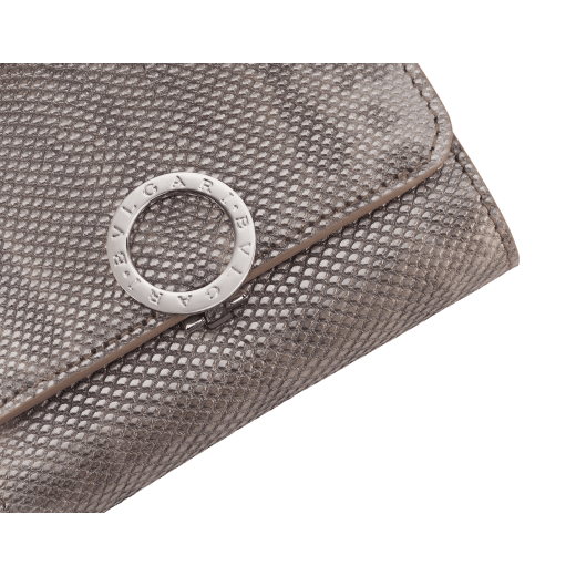 BULGARI BULGARI compact yen wallet in silver pearled karung skin outside with foggy opal grey nappa leather interior. Iconic palladium-plated brass clip with flap closure. 293496 image 4
