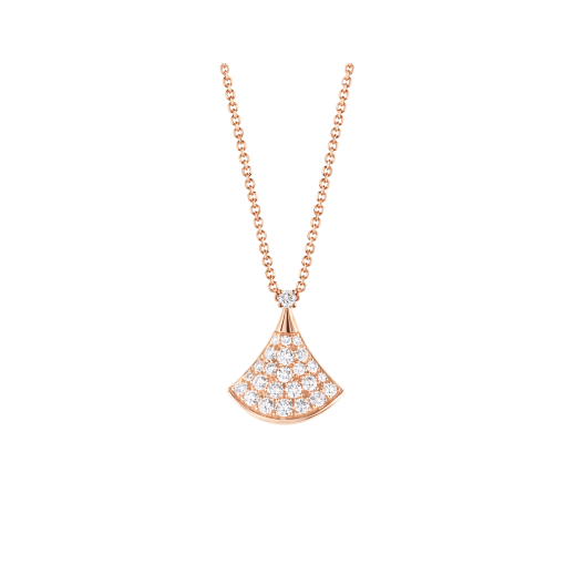 Crafted with the shimmering elegance of pavé diamonds and the feminine curves of the iconic fan-shaped motif, the DIVAS' DREAM necklace unveils its most precious facets. DIVAS' DREAM necklace in 18 kt rose gold with pavé diamonds. 16-17 (41-43 cm) long. 351051 image 1