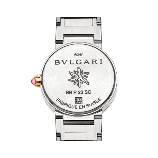 BULGARI BULGARI x LISA Limited Edition watch with stainless steel case and bracelet, 18 kt rose gold bezel engraved with double logo, color-changing sunray finished dial, diamond indexes and personalization on the back of the case. Quartz movement. Water-resistant up to 30 meters. Limited edition of 300 pieces. 103860 image 4