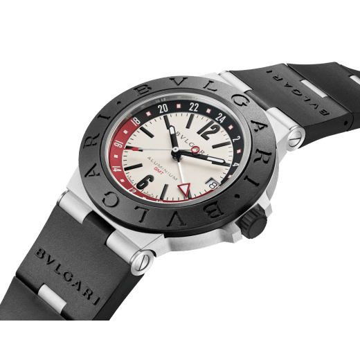 Bvlgari Aluminium GMT watch with mechanical movement, automatic winding, GMT 24h function, 40 mm aluminium case, black rubber bezel with double logo engraving, white dial, SLN indexes and hands, titanium caseback and black rubber bracelet. Water-resistant up to 100 metres 103963 image 3