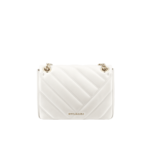 Serpenti Cabochon shoulder bag in soft matelassé white agate nappa leather with graphic motif and white agate calf leather. Snakehead closure in rose gold plated brass decorated with matte black and white enamel, and black onyx eyes. 981-NSM image 3