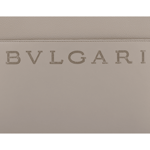 Bulgari Logo medium tote bag in foggy opal grey smooth and grained calf leather with linen agate beige grosgrain lining. Iconic Bulgari logo decorative chain in light gold-plated brass, with hook fastening. 291956 image 5