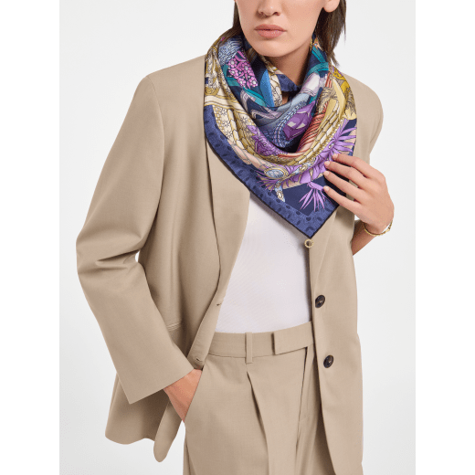 Bvlgari Curiosity scarf in fine gold silk with a BVLGARI BVLGARI metal pendant. Made of 100% silk. BULGARICURIOSITYSQ image 1