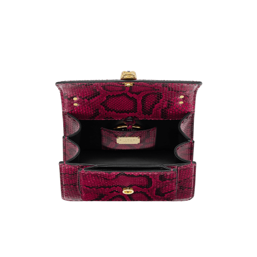 Serpenti Forever Maxi Chain small crossbody bag in anemone spinel pinkish red soft shiny python skin with black nappa leather lining. Captivating magnetic snakehead closure in gold-plated brass embellished with black onyx scales and red enamel eyes. 1134-SSP image 4
