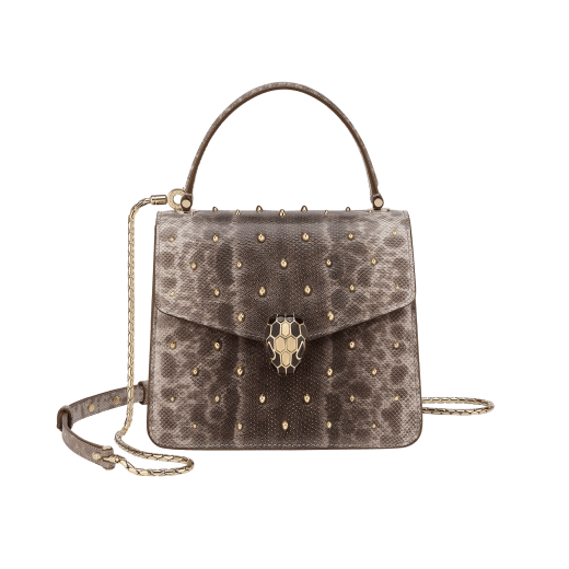 Serpenti Forever small top handle bag in foggy opal grey shiny karung Cabochon skin with crystal rose nappa leather lining. Captivating snakehead magnetic closure in light gold-plated brass embellished with black enamel and light gold-plated brass scales, and black onyx eyes. 293334 image 1