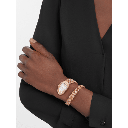 Serpenti Spiga single-spiral watch with 18 kt rose gold case and bracelet set with diamonds, and white mother-of-pearl dial SERPENTI-SPIGA-1TWHITEDIALDIAM image 1