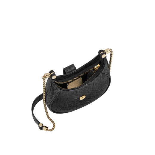 Serpenti Ellipse micro crossbody bag in moon silver black metallic karung skin with black nappa leather lining. Captivating snakehead closure in gold-plated brass embellished with red enamel eyes. SEA-MICROHOBOa image 2