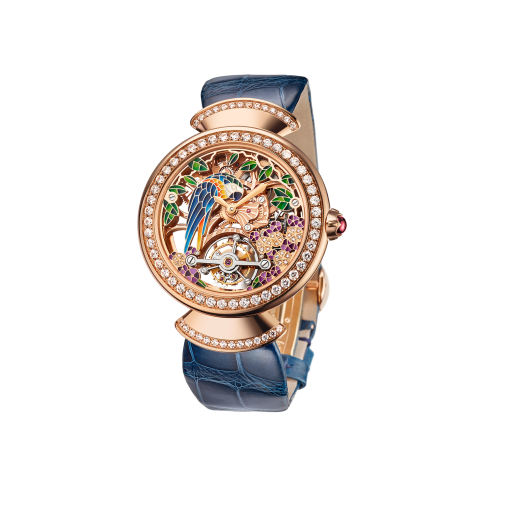 DIVAS' DREAM watch with 18 kt rose gold mechanical manufacture skeletonized movement and tourbillon. 18 kt rose gold case set with brilliant-cut diamonds, dial with hand painted parrot, flowers and leaves set with diamonds and blue alligator bracelet 102542 image 1