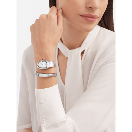 Serpenti Tubogas single spiral watch in stainless steel case and bracelet, bezel set with brilliant cut diamonds and silver opaline dial. Large Size. SrpntTubogas-white-dial2 image 1