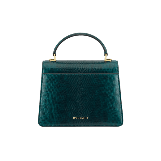 Serpenti Forever medium top handle bag in forest emerald shiny karung with black nappa leather lining. Captivating snakehead magnetic closure in gold-plated brass embellished with forest emerald enamel and gold-plated brass scales, and black onyx eyes. 295626 image 2