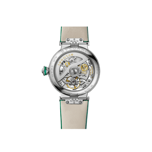 LVCEA Skeleton watch with mechanical movement, automatic winding, 18 kt white gold case set with baguette-cut emeralds, 18 kt white gold openwork BVLGARI logo dial set with brilliant-cut diamonds, green alligator bracelet and 18 kt white gold links set with brilliant-cut diamonds 103033 image 4