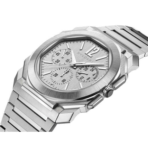 Octo Finissimo Chronograph GMT watch with mechanical manufacture ultra-thin movement (3.30 mm thick), automatic winding, 43 mm satin-polished stainless steel case and bracelet with silvered dial. Water-resistant up to 100 meters. 103661 image 2