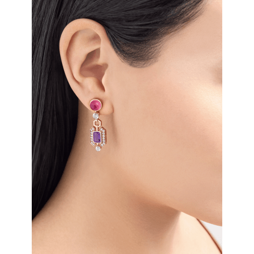 Allegra 18 kt rose gold pendant earrings set with pink tourmalines, amethysts and pavé diamonds 360651 image 1