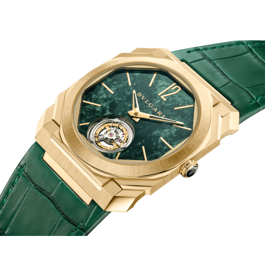 Octo Finissimo Marble Tourbillon watch with mechanical manufacture ultra-thin movement (1.95 mm thin), manual winding, flying tourbillon, satin-polished 18 kt yellow gold case, Verde Alpi green marble dial, yellow gold-plated hands and indexes and green alligator bracelet. Water-resistant up to 30 metres 104171 image 2