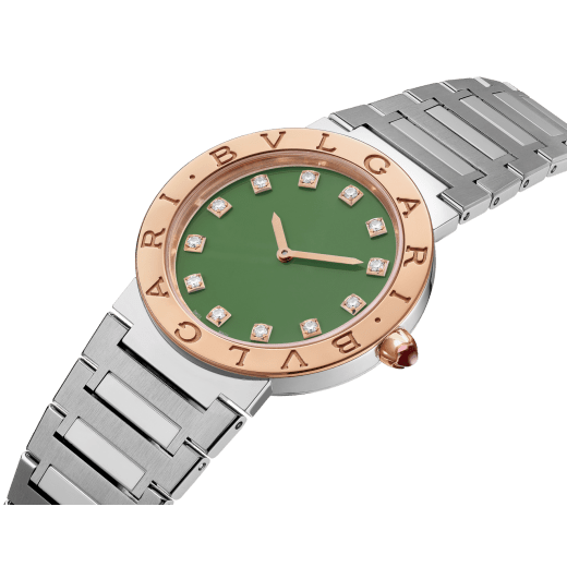 Bvlgari Bvlgari 腕錶，精鋼材質，18K 玫瑰金錶圈鐫刻雙品牌標誌，綠色漆面錶盤，12 個鑽石時標。防水深度 30 公尺。七夕情人節特別版腕錶。 103915 image 2