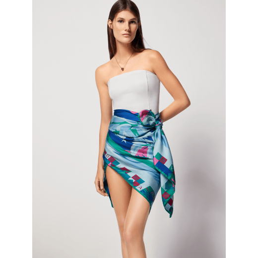 Palm Tree sarong in fine blue and green printed silk twill. PALMTREE image 2