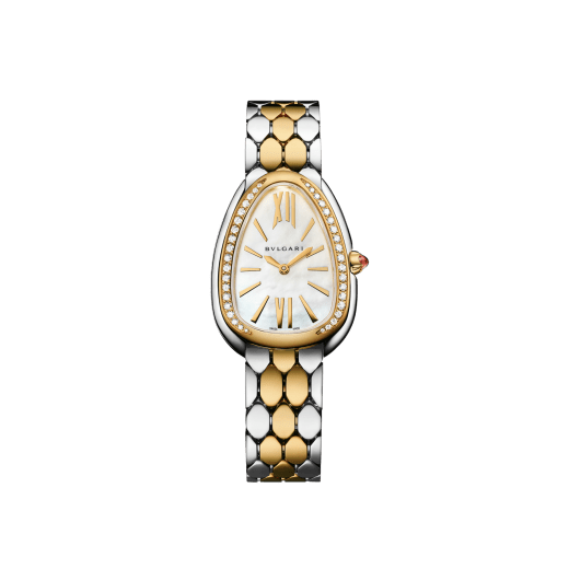Serpenti Seduttori watch in 18 kt yellow gold and stainless steel with diamond-set bezel and white mother-of-pearl dial. Water-resistant up to 30 metres 103755 image 1
