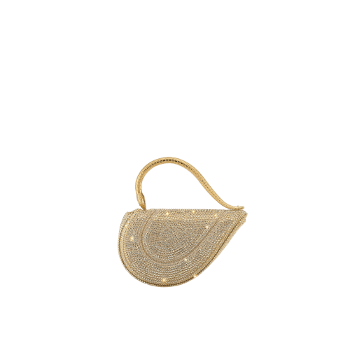 Serpenti Cuoricino mini top handle bag with gold Neige Pavé Crystals applied on a suede base and bright Travertino nappa leather lining. Captivating snake body-shaped top handle in gold-plated brass embellished with engraved scales; press-button closure. 295410 image 4