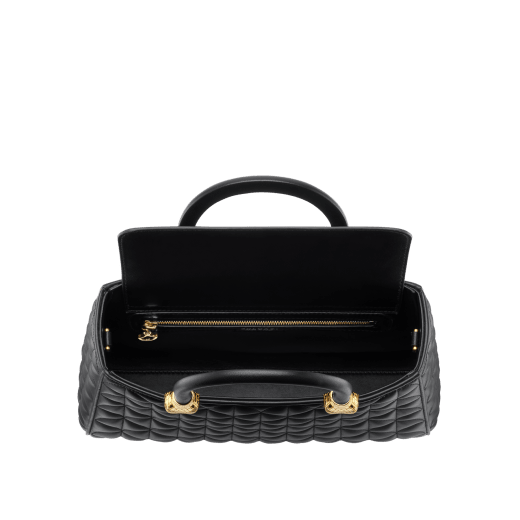 Serpentine Day Duo top handle bag in black calf leather with Calla matelassé motif and black nappa leather lining. Captivating double-head snake body-shaped handles in gold-plated brass embellished with matching calf leather inserts. SRN-001-1315M image 3