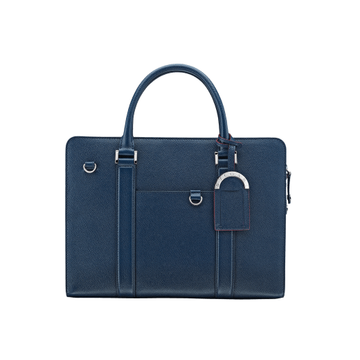 Zipped briefcase in black grain calf leather with brass palladium plated hardware.Various zipped and open pockets inside, adjustable and detachable strap with shoulder protection and external open pocket. BBM-001-0655S image 1