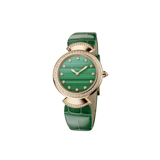 DIVAS' DREAM Lady watch, 30 mm 18 kt rose gold case, 18 kt rose gold bezel and fan-shaped links both set with brilliant-cut diamonds, 18 kt rose gold crown set with a cabochon-cut rubellite, malachite dial, diamond indexes, green alligator strap and 18 kt rose gold pin buckle. Quartz movement, hours and minutes functions. Water-resistant up to 30 metres. 103119 image 2