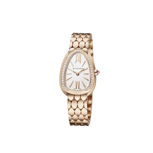 Serpenti Seduttori watch with 18 kt rose gold case, 18 kt rose gold bezel set with diamonds, white silver opaline dial and brushed 18 kt rose gold bracelet. 103169 image 2