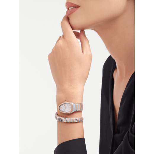 Serpenti Tubogas single spiral watch with stainless steel case, 18 kt rose gold bezel set with brilliant cut diamonds, silver opaline dial, 18 kt rose gold and stainless steel bracelet. SP35C6SPGD-1T-RG image 1