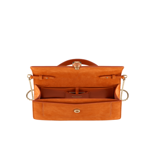 Serpenti Forever Elongated top handle bag in Terracotta nubuck leather with Terracotta nappa leather lining. Captivating snakehead magnetic closure in light gold-plated brass embellished with Terracotta enamel and gold-plated brass scales, and black onyx eyes. 295620 image 3