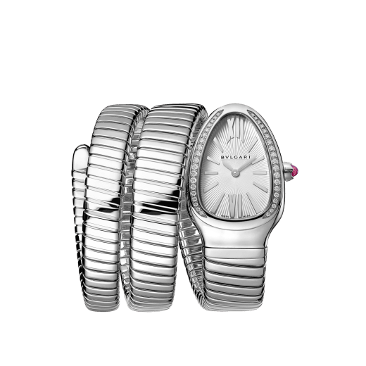 Montre Serpenti Tubogas avec boîtier et bracelet double spirale en acier inoxydable, lunette sertie de diamants taille brillant et cadran en opaline argentée. 101910 image 1