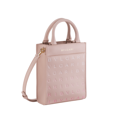 Bulgari Logo small tote bag in ivory opal calf leather with hot-stamped Infinitum pattern on the front and black grosgrain lining. Light gold-plated brass hardware. BVL-1228S-ICLb image 2