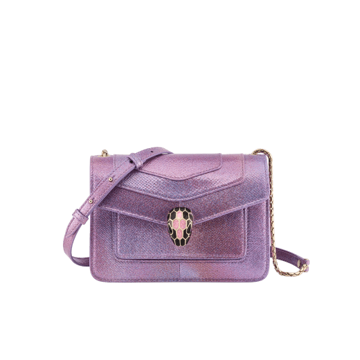 “Serpenti Forever” crossbody bag in rainbow-coloured "Spring Shade" python skin, with Lavender Amethyst lilac nappa leather inner lining. Tempting snakehead closure in gold-plated brass enhanced with lilac and white agate enamel and black onyx eyes. 1082-MK image 1