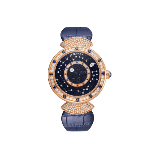 Divas' Dream watch with mechanical manufacture movement, automatic winding, 18 kt rose gold case set with round brilliant-cut diamonds and sapphires, aventurine rotating discs with diamonds and printed constellations and dark blue alligator bracelet 102843 image 1