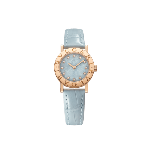 Bvlgari Bvlgari watch with 18 kt rose gold case and bezel engraved with double logo, icy blue marble dial, 12 diamond indexes and light blue alligator bracelet. Water-resistant up to 30 metres 104191 image 1