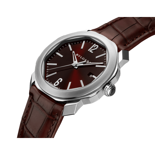 Octo Roma watch with mechanical manufacture movement, automatic winding, stainless steel case, dark brown lacquered dial and brown alligator bracelet. 102705 image 2