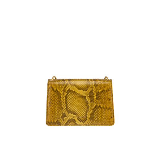 Serpenti Forever mini crossbody bag in gold-shaded python skin with 24 kt gold treatment and black nappa leather lining. Captivating snakehead magnetic closure in gold-plated brass including 3 µ of 24 kt gold and embellished with "diamantatura" engraving on the scales and black onyx eyes. Exclusive Bulgari 50th anniversary in the US Edition. 292592 image 3