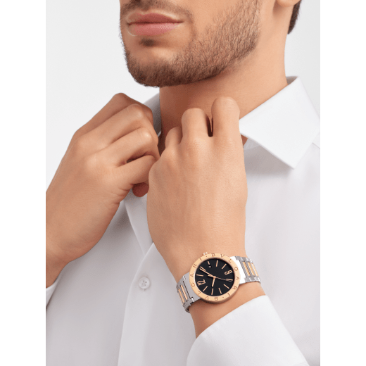 BVLGARI BVLGARI Solotempo watch with mechanical manufacture movement, automatic winding and date, stainless steel case, 18 kt rose gold bezel engraved with double logo, black dial and 18 kt rose gold and stainless steel bracelet 102930 image 3