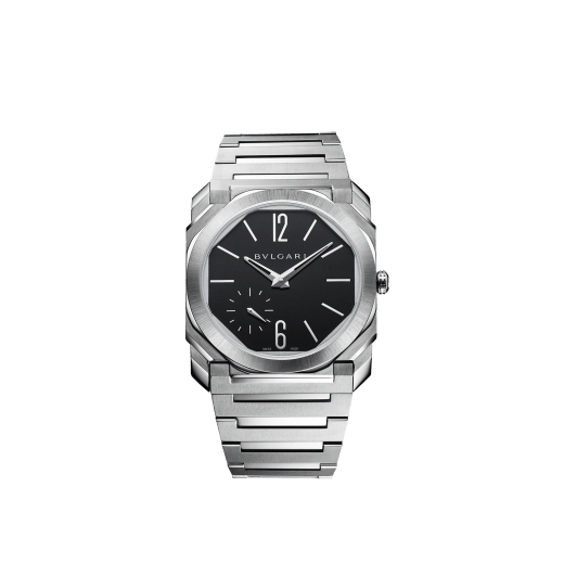 Octo Finissimo Automatic watch with mechanical manufacture movement, automatic winding, platinum microrotor, small seconds, extra-thin satin-polished stainless steel case and bracelet, transparent case back and black matte dial. Water-resistant up to 100 metres 103297 image 1