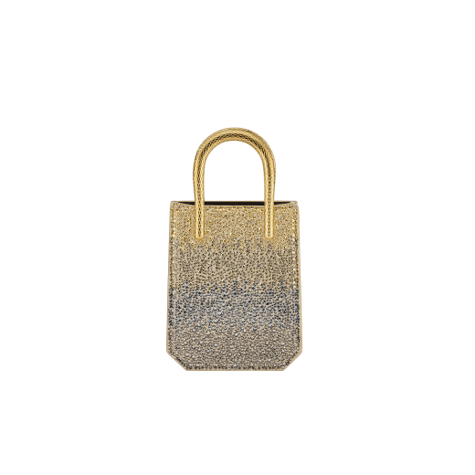 Serpentine mini tote bag in natural suede with different-size degradé gold crystals and black nappa leather lining. Captivating snake body-shaped handles in gold-plated brass embellished with engraved scales and red enamel eyes. 292824 image 3